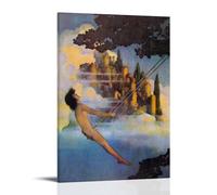 The Dinky Bird Illustrative Poster by Maxfield Parrish - Wall Art with Nude Figure Swinging Over Cloud-Surrounded Castle Landscape Frame 08x12inch(20x30cm)