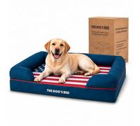 The Dog’s Bed - Orthopaedic Memory Foam Bolster Bed, Waterproof Washable Cover, Anti-Slip Base, Calming Surface - CertiPUR-Certified Foam, Blue with Red Trim & USA Central Flag, Large