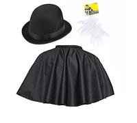 The Dragons Den Adults Black Mantle Cape Bowler Hat & Gloves Victorian Gentry Fancy Dress Set [One Size]