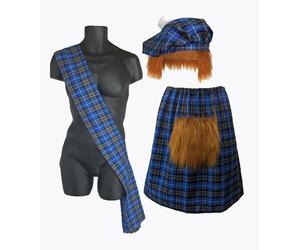 The Dragons Den Adults Blue Hunting Traditional Scottish Tartan Kilt Sash & Tam Hat Burns Night Scotland Fancy Dress Costume [L-XL]