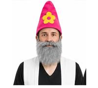 The Dragons Den Adults Garden Gnome Pointy Hat With Flower Decoration & Beard Fancy Dress Headwear [Pink]