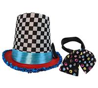 The Dragons Den Adults Mad Hatter Checkered Top Hat & Cravat Wonderland Fancy Dress Costume Accessory [One Size]
