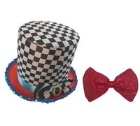 The Dragons Den Adults Mad Hatter Stovepipe Top Hat & Giant Red Sequin Bow Tie Wonderland Fancy Dress Costume Accessory