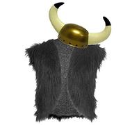The Dragons Den Adults Medieval Viking Faux Fur Waistcoat & Horned Helmet Norse Fancy Dress Set [Black, L-XL]