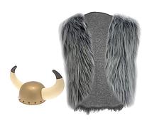 The Dragons Den Adults Medieval Viking Faux Fur Waistcoat & Horned Helmet Norse Fancy Dress Set [Grey, L-XL]