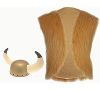 The Dragons Den Adults Medieval Viking Faux Fur Waistcoat & Horned Helmet Norse Fancy Dress Set [Honey, L-XL]