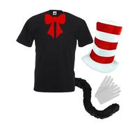 The Dragons Den Adults Red & White Top Hat Gloves 30" Cats Tail & Black T-Shirt With Red Cravat World Book Day Cat Animal Fancy Dress Costume [3XL]