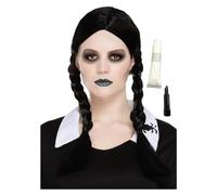 The Dragons Den Adults Scary Gothic Daughter Black Plaited Wig Lipstick & Face Paiint Kit Halloween Fancy Dress Costume Accessory