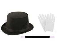 The Dragons Den Adults Top Hat Magic Wand & White Gloves Magician Fancy Dress Set
