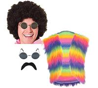 The Dragons Den Mens Disco Dave Glam Rock Faux Fur Waistcoat Afro Wig Shades & Moustache 1970s Fancy Dress [Multicoloured L-XL]