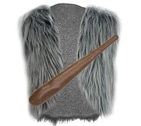 The Dragons Den Unisex Caveman Prehistoric Waistcoat & Club Animal Fur Fancy Dress Set [Grey Wolf, L/XL]