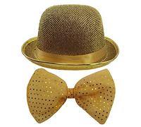 The Dragons Den Unisex Showman Ring Master Gold Bowler Hat & Gold Sequin Giant Bow Tie [One Size]