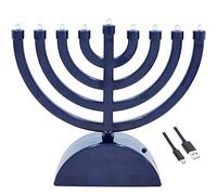 The Dreidel Company Mini Electric Classic Menorah, Classic Hanukkah Menorah, LED Travel Menora, Batteries or USB Powered, Micro USB 4' Cable Included (Blue)