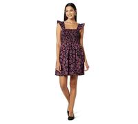 The Drop Kari Ruffled-Shoulder Smocked Mini Dress, Black/Pink Paisley Print, M