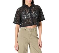 The Drop LUE Lace Button Down Cropped Shirt, Black, XS