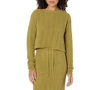 The Drop Makayla Crochet Shoulder Cropped Pullover Sweater, Olive Oil, L