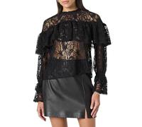 The Drop Miriam Feminine Ruffle Yoke Shine Blouse, Black, 4XL Plus