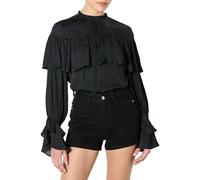The Drop Miriam Feminine Ruffle Yoke Shine Blouse, Black, 4XL Plus