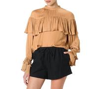 The Drop Miriam Feminine Ruffle Yoke Shine Blouse, Camel, XXS
