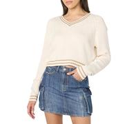 The Drop Montie V-Neck Cropped Pullover Sweater, Ivory Stripe, 3XL Plus