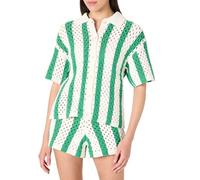 The Drop Tatum Crochet Splitneck Polo Top Blouses, Emerald Stripe, 4XL Plus