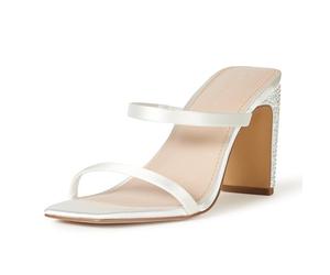 The Drop Women's Avery Square-Toe Two-Strap High Heeled Sandal, Ivory Satin/Rhinestone, 8.5
