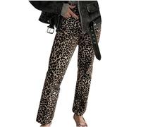 The Drop Women's Casual Denim Trousers - Vintage High Waisted Straight Slender Loose Leg Pants - Leopard Print Jeggings Jeans