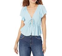 The Drop Women's Elize Puff-Sleeve Tie-Front Crepe Blouse, Sky Blue, M