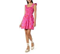 The Drop Women's Kari Ruffled-Shoulder Smocked Mini Dress Tomato Red/Pink Retro Floral Print, XXS