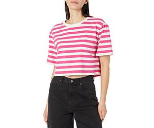 The Drop Women's Sydney Short-Sleeve Cropped Crewneck T-Shirt, Hot Pink/Whisper White Pin Stripe, XL