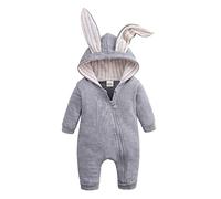 The Duck & Goose Co. Unisex Baby Bodysuit Romper with Cute Bunny Ears - Newborn Infant Baby Jumpsuit - Soft Cotton Winter Hooded Baby Sleepsuits - Grey - 12-18m