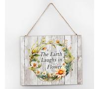 The Earth Laughs In Flower Wood Plank Hanging Sign Room Decor Decorative Circle Garland Wreath Signs Antique Wood Plank Hanging Sign for Bathroom Living Room Window 10x12 Inch
