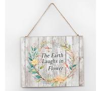 The Earth Laughs In Flower Wood Sign Home Decoration Rustic Circle Garland Wreath Signs Rustic Wood Sign for Offices Home Pantry 10x12 Inch