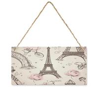The Eiffel Tower And A Bicycle Wood Sign with Rope Door Wall Art Decorative Rectangle Hanging Wooden Plaque Customizable Welcome Signs Room Sign for Home Office Wall 9.8 X 4.9 Inch