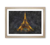 The Eiffel Tower In France At Night Painting Modern Art Framed Print | A3 Oak Framed Wall Art | Ready to Hang | Modern Cityscape Picture | Living Room Bedroom Lounge Office