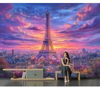 The Eiffel Tower in Paris Photo Wallpaper -150×105 Cm Non-Woven Premium Fleece Wall Mural, Romantic Sunset Realistic Landscape Painting Bedroom Living Room Decoration Poster