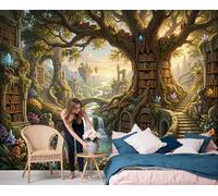 The Enchanted Forest Library Mural Wallpaper, Fairy Tale Landscape Wallpaper For Bedroom, Living Room, Tv Backdrop, Office, Yellow-Green 3D Large Wall Mural Wall Paper Decor Poster 200X140Cm (Wxh)