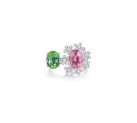 The Engagement Ring, Silver Rings for Women Chunky Flower and Oval with 4.41Ct Tourmaline and Diamond 18K White Gold Size U 1/2