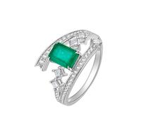 The Engagement Ring, Silver Rings for Women Goth Silver Geometric with Emerald and Diamond 18K White Gold Size S 1/2