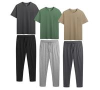 The Essentials Wardrobe 3PK Mens Short Sleeved Long Pyjamas Set - Khaki/Grey - Medium