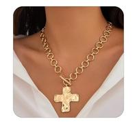 The Eternal Hammered Necklace, Cross Pendant Necklaces, Toggle Clasp Rectangle Bracelet for Women, Baroque Layered Gold and Silver Chunky Plated Textured earring, Christian Faith Gift(Gold Necklace)