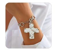 The Eternal Hammered Necklace, Cross Pendant Necklaces, Toggle Clasp Rectangle Bracelet for Women, Baroque Layered Gold and Silver Chunky Plated Textured earring, Christian Faith Gift(Silver Bracelet)