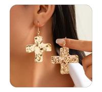 The Eternal Hammered Necklace, Cross Pendant Necklaces, Toggle Clasp Rectangle Bracelet for Women, Baroque Layered Gold and Silver Chunky Plated Textured earring, Christian Faith Gift(Gold Earrings)