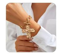 The Eternal Hammered Necklace, Cross Pendant Necklaces, Toggle Clasp Rectangle Bracelet for Women, Baroque Layered Gold and Silver Chunky Plated Textured earring, Christian Faith Gift(Gold Bracelet)