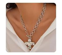 The Eternal Hammered Necklace, Cross Pendant Necklaces, Toggle Clasp Rectangle Bracelet for Women, Baroque Layered Gold and Silver Chunky Plated Textured earring, Christian Faith Gift(Silver Necklace)