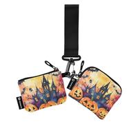 The Evil Yellow Pumpkin Castle on Halloween Dual Wristlet Wallets for Women Thin Flat Card Money Holder with Zipper Pocket for Woman 2 Packs tarjetas de credito para