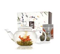 The Exotic Teapot - Classic Flowering Tea Gift Set, Glass Teapot (600ml), Sampler Tin of 5 Blooming Teas, Handmade Gift Box