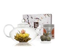 The Exotic Teapot - Prestige Flowering Tea Gift Set, Glass Teapot (800ml) with Infuser, Sampler Tin of 5 Blooming Teas, Handmade Gift Box