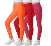 The Fancy Dress 3 Pack Girls Leggings Full Length Stretchy Sports Fitness Gym Cycling Yoga Tights Pants Leggings Kids 5-6 Years, Red, Orange, Pink