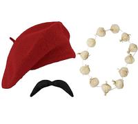 The Fancy Dress® Adult French Day 3 Pieces Beret Moustache & Onion Garland Set - Unisex Fancy Dress Costume Outfit (Red)